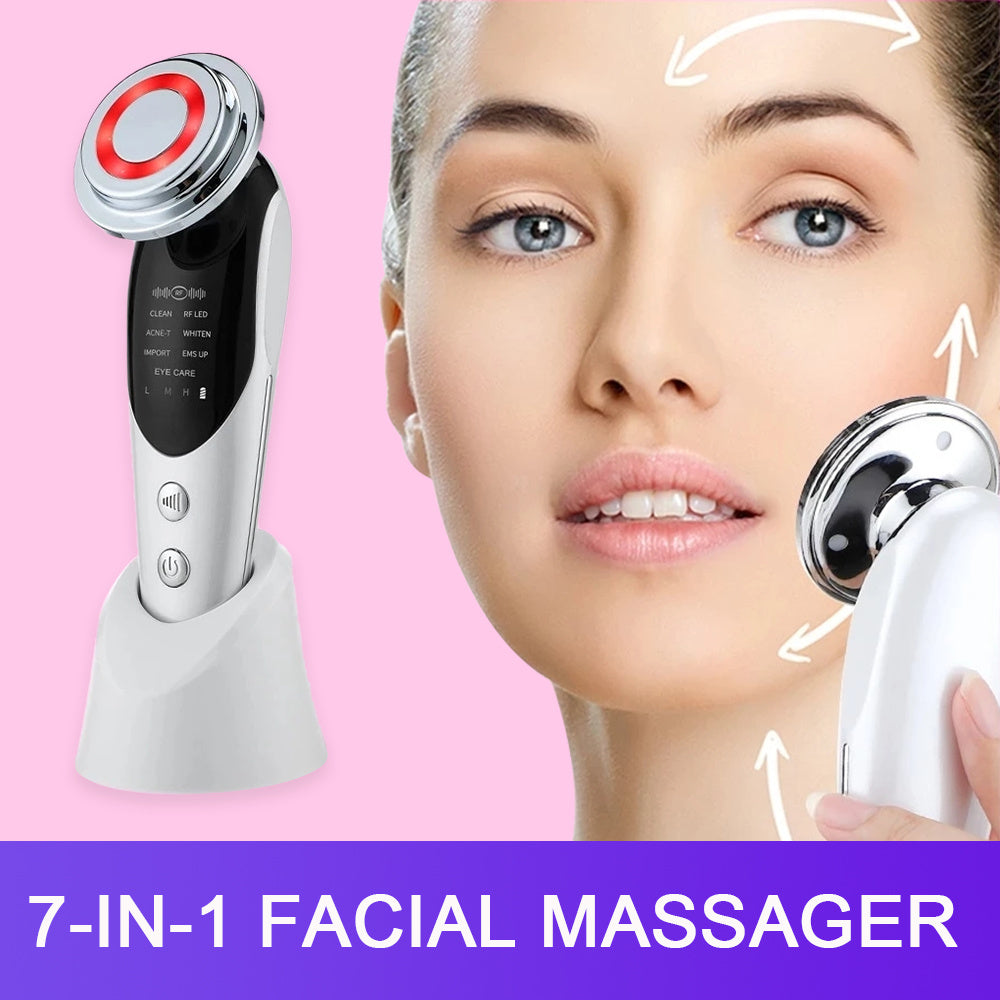 Masajeador facial 7 en 1 con EMS, microcorriente y luz de colores.