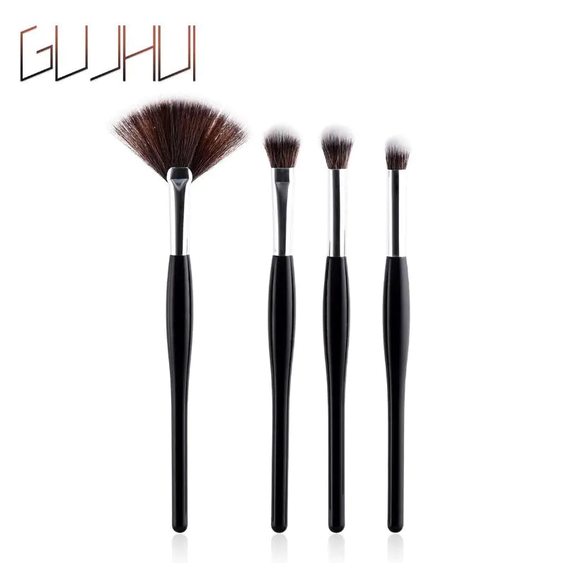 Juego de 8 brochas de maquillaje con mango negro y tubos plateados